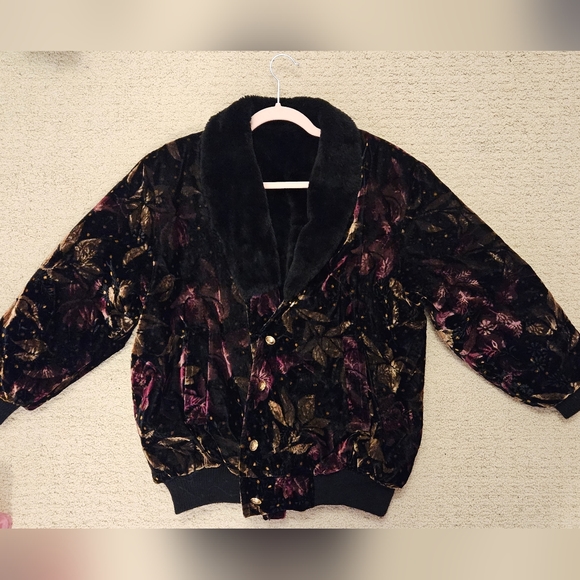 Vintage Velour Velvet Faux Fur Bomber Jacket - Picture 4 of 15